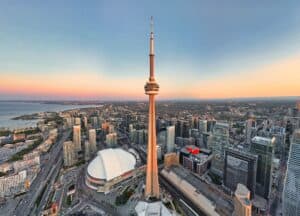 Aerial view of CN Tower in Toronto, Ontario, Canada at sunset